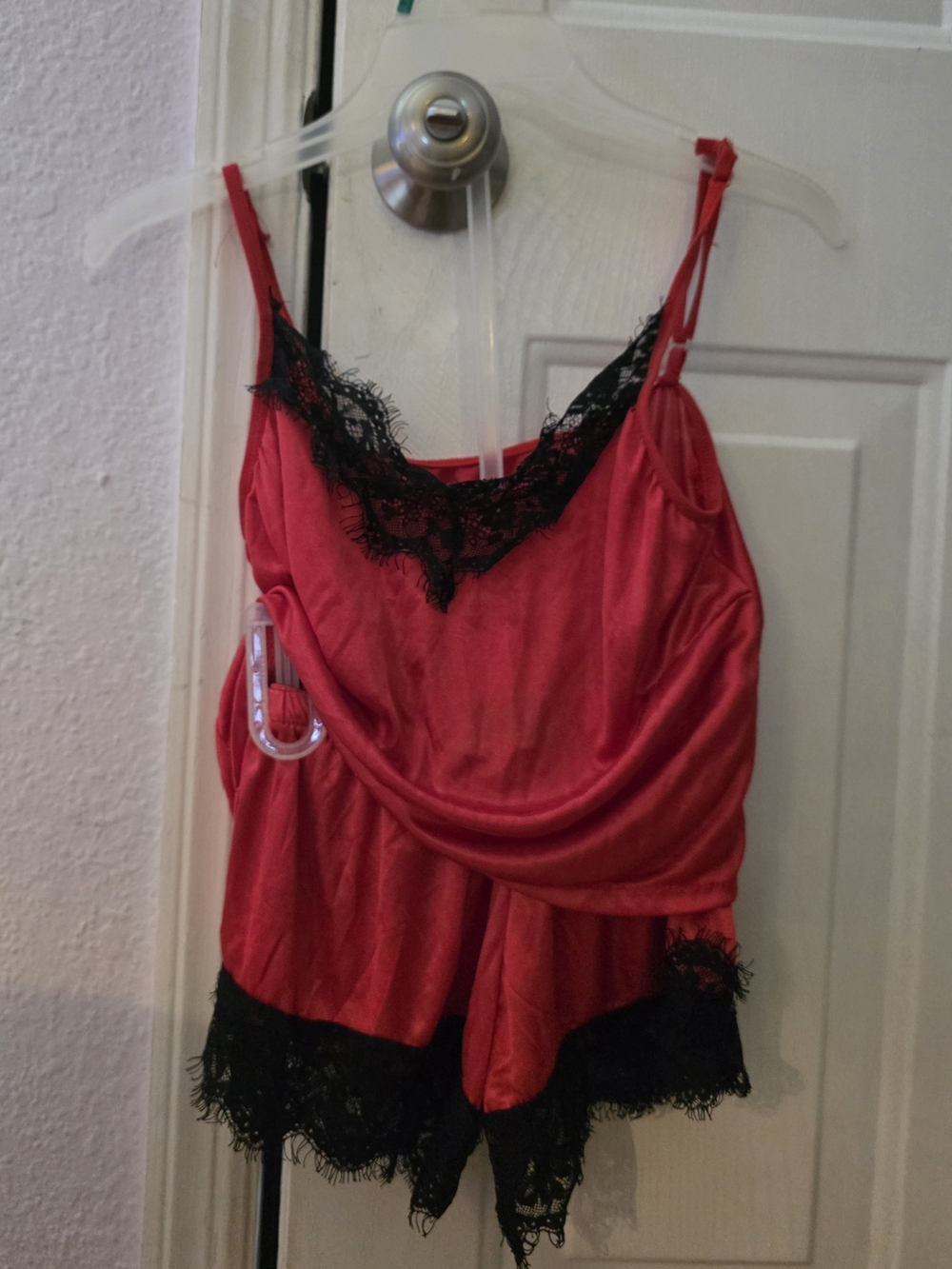 NWOT-Red Lace-Trim Satin Small Loungerie Set-Top & Bottom - 2 Piece